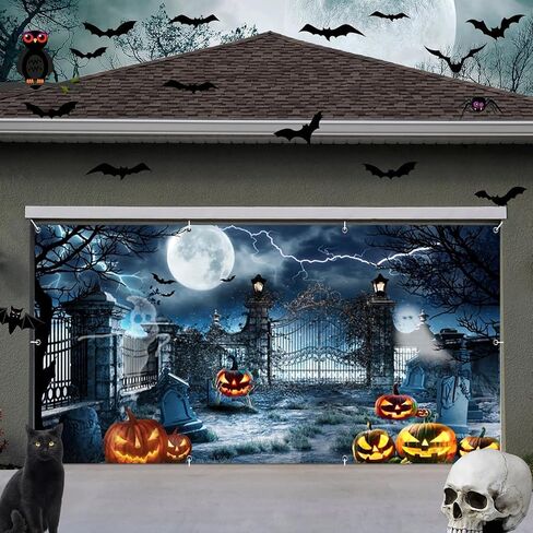 7x16ft Large Halloween Garage Door Decorations Backdrop Scary Cemetery Halloween Garage Door Banner Backdrop Spooky Skull Graveyard Forest Skeleton Halloween Garage Door Cover Decorations in Saudi Arabia