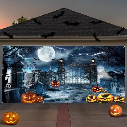 7x16ft Large Halloween Garage Door Decorations Backdrop Scary Cemetery Halloween Garage Door Banner Backdrop Spooky Skull Graveyard Forest Skeleton Halloween Garage Door Cover Decorations in Saudi Arabia