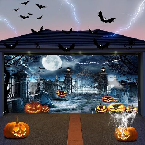 7x16ft Large Halloween Garage Door Decorations Backdrop Scary Cemetery Halloween Garage Door Banner Backdrop Spooky Skull Graveyard Forest Skeleton Halloween Garage Door Cover Decorations in Saudi Arabia