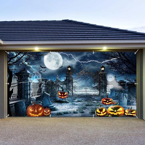 7x16ft Large Halloween Garage Door Decorations Backdrop Scary Cemetery Halloween Garage Door Banner Backdrop Spooky Skull Graveyard Forest Skeleton Halloween Garage Door Cover Decorations in Saudi Arabia