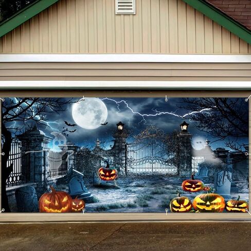 7x16ft Large Halloween Garage Door Decorations Backdrop Scary Cemetery Halloween Garage Door Banner Backdrop Spooky Skull Graveyard Forest Skeleton Halloween Garage Door Cover Decorations in Saudi Arabia