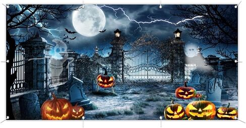 7x16ft Large Halloween Garage Door Decorations Backdrop Scary Cemetery Halloween Garage Door Banner Backdrop Spooky Skull Graveyard Forest Skeleton Halloween Garage Door Cover Decorations in Saudi Arabia