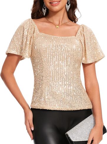 DRESSTELLS Women's Sparkly Sequin Tops Short Sleeve Glitter Dressy Blouses Square Neck Club Ruffle Party Shirts in Saudi Arabia