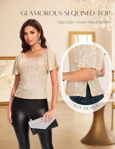 DRESSTELLS Women's Sparkly Sequin Tops Short Sleeve Glitter Dressy Blouses Square Neck Club Ruffle Party Shirts in Saudi Arabia