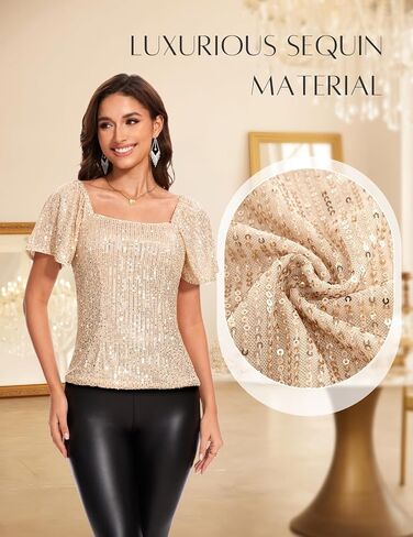DRESSTELLS Women's Sparkly Sequin Tops Short Sleeve Glitter Dressy Blouses Square Neck Club Ruffle Party Shirts in Saudi Arabia