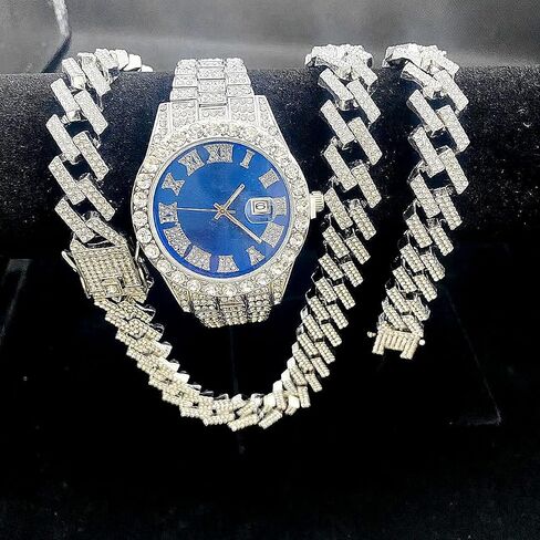 3PC Mens Iced Out Watch 40mm with Diamond Roman Dial and Matching Iced Out Nugget Bracelet Necklace - Quartz Movement - 14k Gold Tone Silver Gold Jewelry Sets in Saudi Arabia