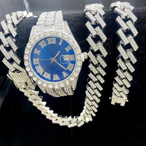 3PC Mens Iced Out Watch 40mm with Diamond Roman Dial and Matching Iced Out Nugget Bracelet Necklace - Quartz Movement - 14k Gold Tone Silver Gold Jewelry Sets in Saudi Arabia