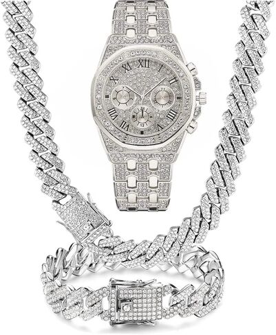 3PC Mens ICED Diamond Watch 40mm Simulated Diamonds Custom Roman Dial Fully Adjustable Band Quartz Movement 14k Gold Tone Silver Tone Finish Bracelet Necklace Sets in Saudi Arabia