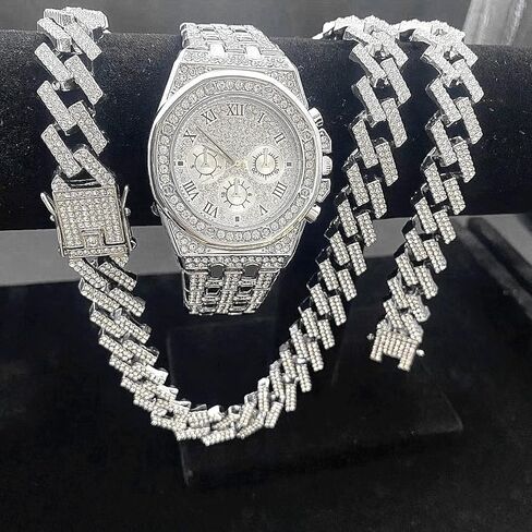 3PC Mens ICED Diamond Watch 40mm Simulated Diamonds Custom Roman Dial Fully Adjustable Band Quartz Movement 14k Gold Tone Silver Tone Finish Bracelet Necklace Sets in Saudi Arabia