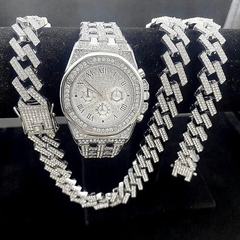 3PC Mens ICED Diamond Watch 40mm Simulated Diamonds Custom Roman Dial Fully Adjustable Band Quartz Movement 14k Gold Tone Silver Tone Finish Bracelet Necklace Sets in Saudi Arabia