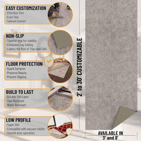 Ottomanson 8' x 9' Non-Slip Rug Pad Gripper 1/4 Inch Thick Dual Surface Felt + Rubber Gripper - Safe for All Floors, Brown in Saudi Arabia