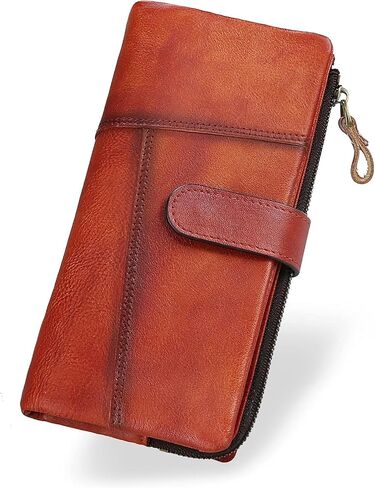 RFID Blocking Genuine Leather Wallet Vintage Hand Rubbing Organizer with Clasp Closure (Red) in Saudi Arabia