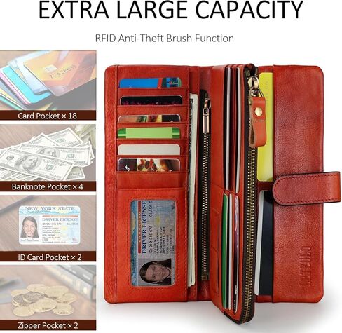 RFID Blocking Genuine Leather Wallet Vintage Hand Rubbing Organizer with Clasp Closure (Red) in Saudi Arabia
