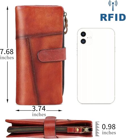 RFID Blocking Genuine Leather Wallet Vintage Hand Rubbing Organizer with Clasp Closure (Red) in Saudi Arabia