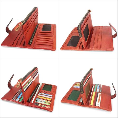 RFID Blocking Genuine Leather Wallet Vintage Hand Rubbing Organizer with Clasp Closure (Red) in Saudi Arabia