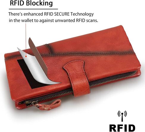 RFID Blocking Genuine Leather Wallet Vintage Hand Rubbing Organizer with Clasp Closure (Red) in Saudi Arabia