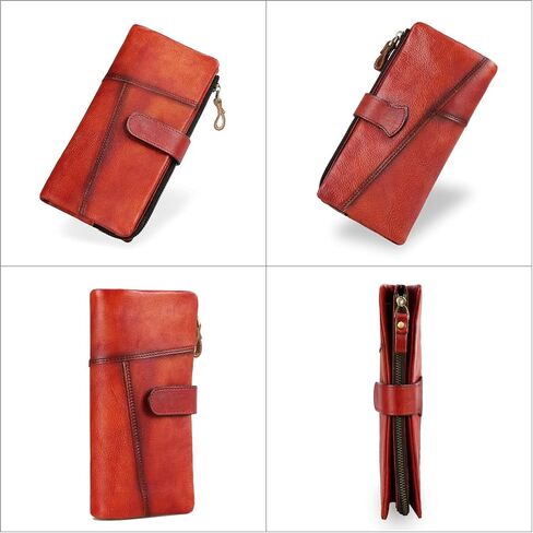 RFID Blocking Genuine Leather Wallet Vintage Hand Rubbing Organizer with Clasp Closure (Red) in Saudi Arabia