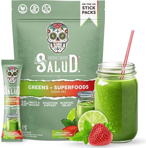 Salud 2-in-1 Greens Powder + Superfood Drink Mix Packets, 20+ Fruits and Veggies, Probiotics, Prebiotics, Supports Digestive Health, Bloating Relief, Vegan, Peach Mango (15 Servings) in Saudi Arabia