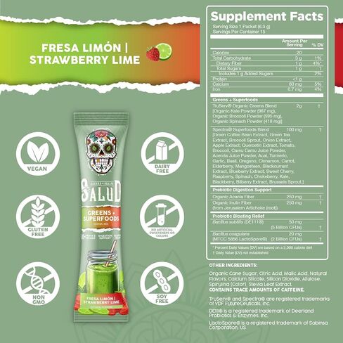 Salud 2-in-1 Greens Powder + Superfood Drink Mix Packets, 20+ Fruits and Veggies, Probiotics, Prebiotics, Supports Digestive Health, Bloating Relief, Vegan, Peach Mango (15 Servings) in Saudi Arabia