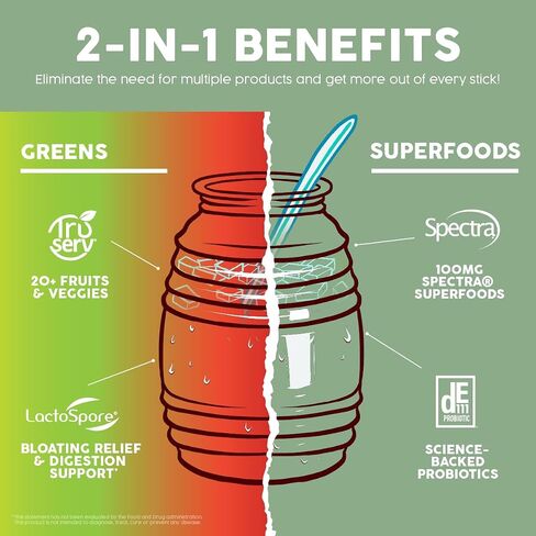Salud 2-in-1 Greens Powder + Superfood Drink Mix Packets, 20+ Fruits and Veggies, Probiotics, Prebiotics, Supports Digestive Health, Bloating Relief, Vegan, Peach Mango (15 Servings) in Saudi Arabia