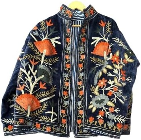 Vintage Floral Embroidered Velvet Jacket, Green with Orange and Blue Flowers, Bohemian Style in Saudi Arabia
