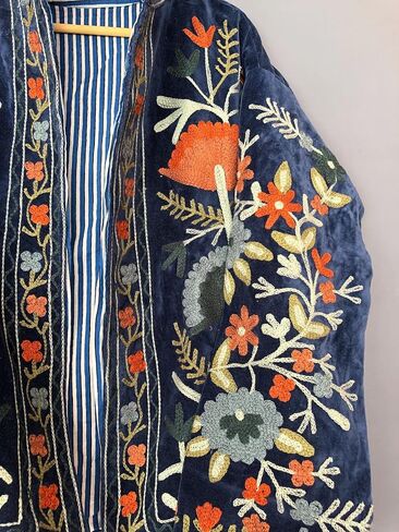 Vintage Floral Embroidered Velvet Jacket, Green with Orange and Blue Flowers, Bohemian Style in Saudi Arabia