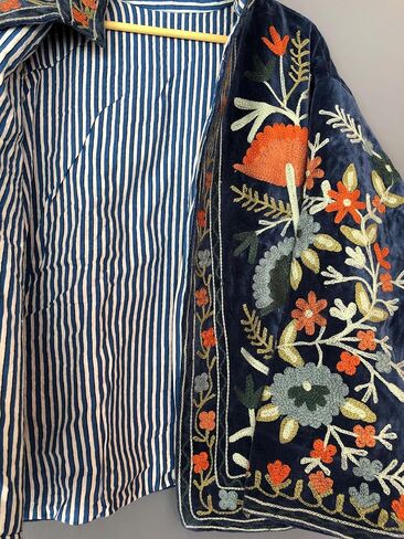 Vintage Floral Embroidered Velvet Jacket, Green with Orange and Blue Flowers, Bohemian Style in Saudi Arabia