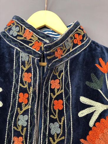 Vintage Floral Embroidered Velvet Jacket, Green with Orange and Blue Flowers, Bohemian Style in Saudi Arabia