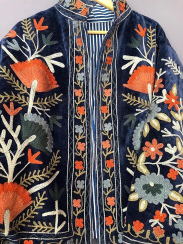Vintage Floral Embroidered Velvet Jacket, Green with Orange and Blue Flowers, Bohemian Style in Saudi Arabia