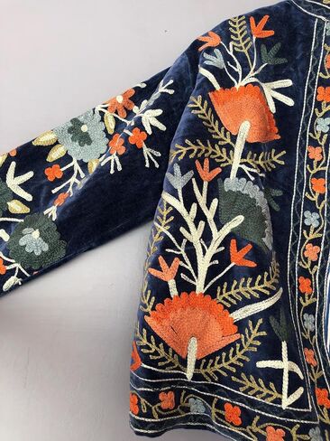Vintage Floral Embroidered Velvet Jacket, Green with Orange and Blue Flowers, Bohemian Style in Saudi Arabia