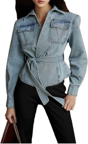 Women’S Casual Cropped Jacket With Detachable Belt And Tie Waist V-Neck Zipper Closure Stylish Denim Outerwear in Saudi Arabia