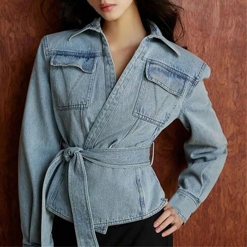 Women’S Casual Cropped Jacket With Detachable Belt And Tie Waist V-Neck Zipper Closure Stylish Denim Outerwear in Saudi Arabia