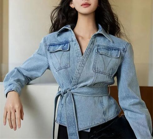 Women’S Casual Cropped Jacket With Detachable Belt And Tie Waist V-Neck Zipper Closure Stylish Denim Outerwear in Saudi Arabia