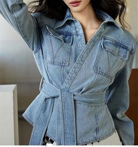Women’S Casual Cropped Jacket With Detachable Belt And Tie Waist V-Neck Zipper Closure Stylish Denim Outerwear in Saudi Arabia