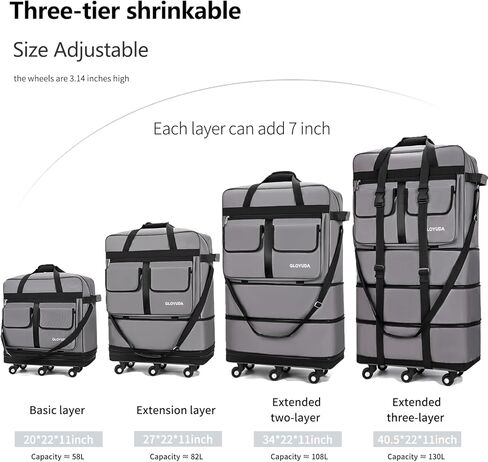 أمتعة قابلة للتوسيع 110 لتر ، حقيبة 40 بوصة مع عجلات ، أمتعة قابلة للطي مع عجلات ، حقيبة واق من دفاع مع عجلات ، suitcasewith2handle wrap 2fixing أحزمة 1 Shoulder (أسود) in Kuwait
