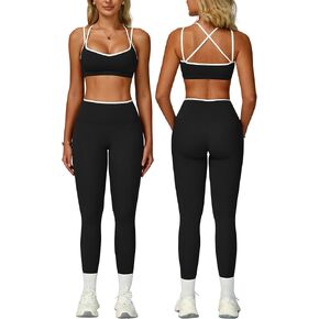 Women 2 قطعة تمرين مجموعات Cross Back Colorblock Sports Bra High Weist Tummy Control Leggings Active Yoga Outfit in Kuwait