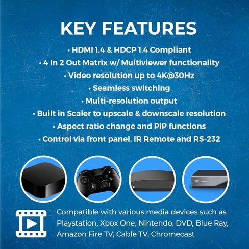 OREI Quad Multi HDMI Viewer 4 in 2 Out, HDMI Matrix Switcher 4 Ports Seamless Switching and IR Remote Supports 4K PIP PS5/PC/DVD/Security Camera, HDMI Switch RS-232 Optical Out - HDS-402MV in Saudi Arabia
