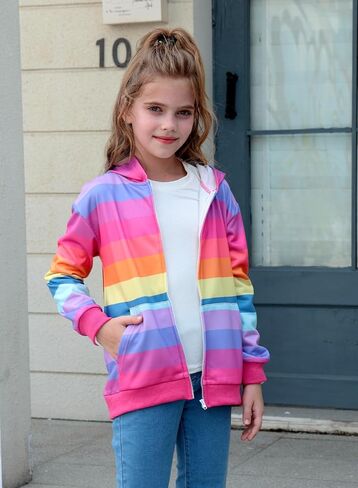 Belovance Girls Graphic Zip Up Hoodies Sweatshirt with Pockets Kids Hooded Coat Casual Outerwear Rainbow Unicorn 5-14 Years in Kuwait