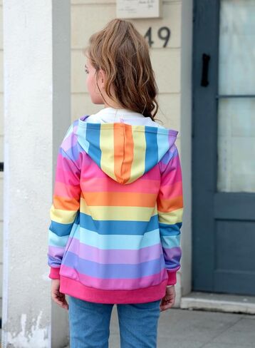 Belovance Girls Graphic Zip Up Hoodies Sweatshirt with Pockets Kids Hooded Coat Casual Outerwear Rainbow Unicorn 5-14 Years in Kuwait