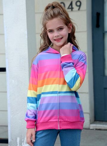 Belovance Girls Graphic Zip Up Hoodies Sweatshirt with Pockets Kids Hooded Coat Casual Outerwear Rainbow Unicorn 5-14 Years in Kuwait
