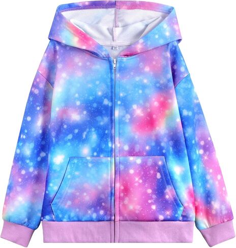 Belovance Girls Graphic Zip Up Hoodies Sweatshirt with Pockets Kids Hooded Coat Casual Outerwear Rainbow Unicorn 5-14 Years in Kuwait