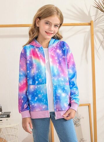 Belovance Girls Graphic Zip Up Hoodies Sweatshirt with Pockets Kids Hooded Coat Casual Outerwear Rainbow Unicorn 5-14 Years in Kuwait