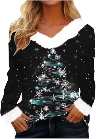 Women Christmas Shirt Funny Xmas Sweatshirt V Neck Oversize Pullover Merry Christmas Tops Holiday Party Shirts in Kuwait