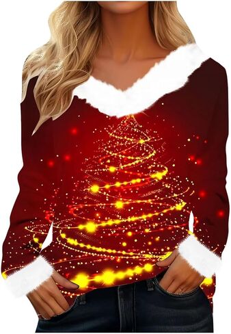 Women Christmas Shirt Funny Xmas Sweatshirt V Neck Oversize Pullover Merry Christmas Tops Holiday Party Shirts in Kuwait