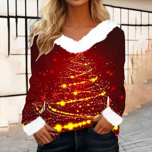 Women Christmas Shirt Funny Xmas Sweatshirt V Neck Oversize Pullover Merry Christmas Tops Holiday Party Shirts in Kuwait