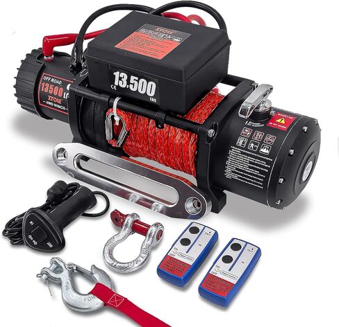 Winch13500 £ 12V مضاد للماء كهربائي الحبل الاصطناعي الاصطناعي Winch Towing Winch Boat Trailer Winch SUV 4-WHEEL DRIVE على الطرق الوعرة مع التحكم عن بُعد 3/8 حبل صناعي (أسود) in Kuwait