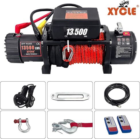 Winch13500 £ 12V مضاد للماء كهربائي الحبل الاصطناعي الاصطناعي Winch Towing Winch Boat Trailer Winch SUV 4-WHEEL DRIVE على الطرق الوعرة مع التحكم عن بُعد 3/8 حبل صناعي (أسود) in Kuwait