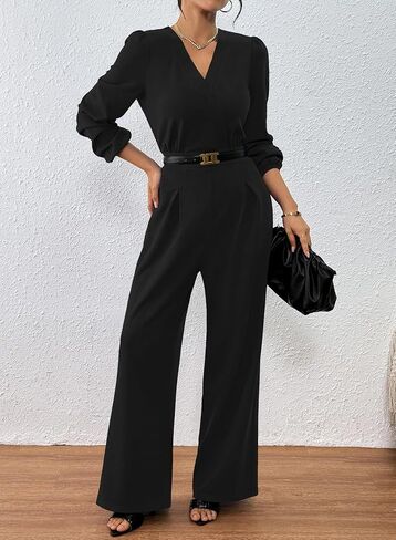 Pink Queen 2025 Plestuitits for Women Long Long Sleeve v Neck Wide Leg Pants Romper Disuits in Saudi Arabia