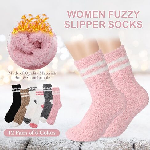 Geyoga 12 Pairs Womens Fuzzy Socks Soft Cozy Fluffy Slipper Cable Knit Socks Striped Winter Warm Plush Sleep Christmas Gifts in Kuwait