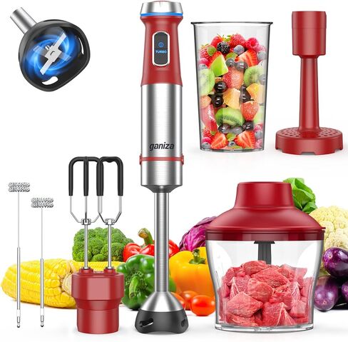 Ganiza Immersion Blender, 6 in 1 Hand Blender Stainless Steel Blade, 15 Speed Stick Blender Electric, Immersion Blender Handheld with 800ml Mixing Beaker, 600ml Chopper, Whisk, Frother, Potato Masher in Kuwait